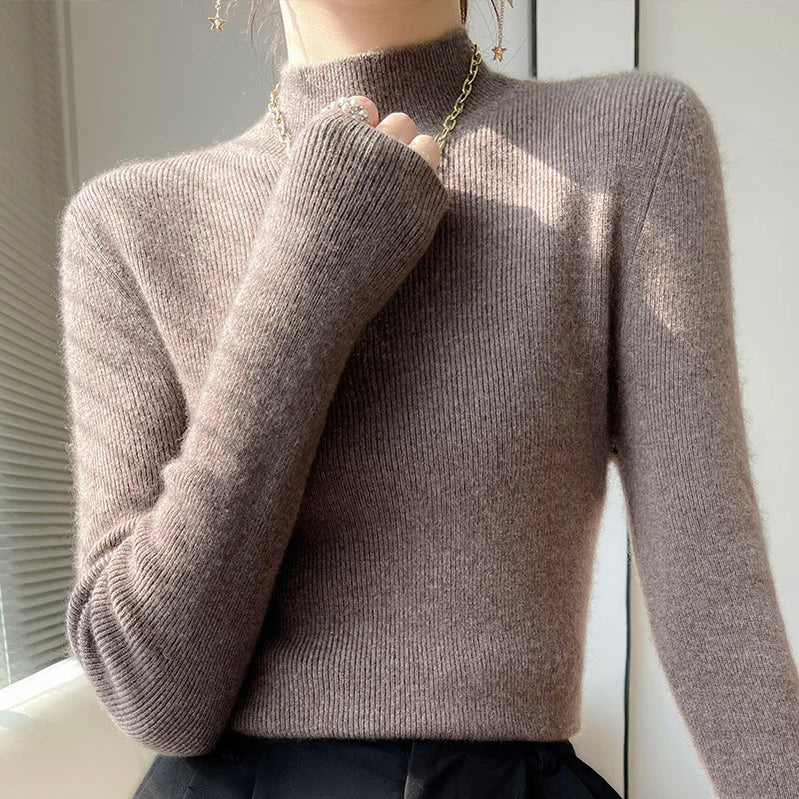 2022 Autumn and Winter Women's Cashmere Sweater Pullover Half Turtleneck Casual Fashion Pure Color High Quality Warmth Comfort Dark coffee