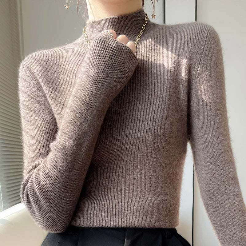 2022 Autumn and Winter Women's Cashmere Sweater Pullover Half Turtleneck Casual Fashion Pure Color High Quality Warmth Comfort Dark coffee