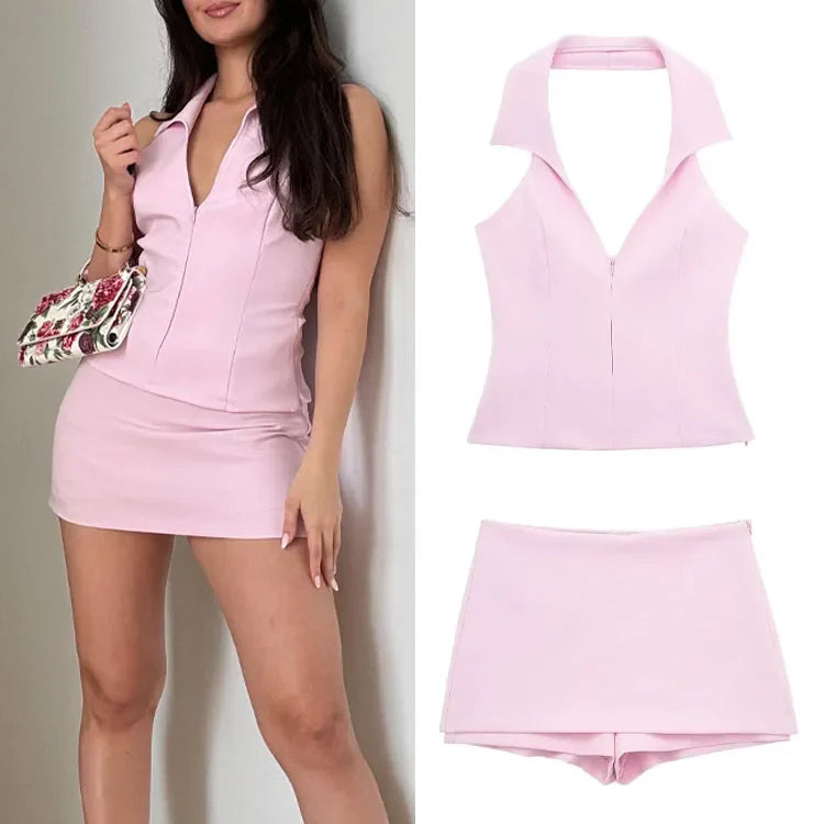 TRAFZA Women Pink 2 Piece Set Sexy V-Neck Sleeveless Backless Suspender Zipper Top+High Waist Back Pocket Mini Skirts Shorts Y2K