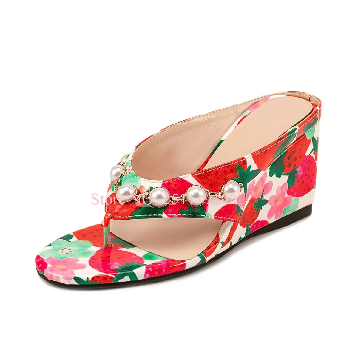 Floral Print Wedge Sandals Women Pearl Embellished Open Toe Slippers Colorful Sequin High Heel Flip Flops Fashion Summer Shoes