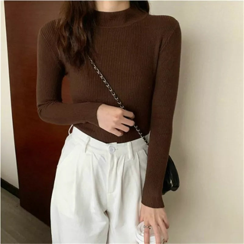 Winter Turtleneck Women's Sweater Knitted Pullover Soft Slim Long Sleeve Top Solid Color Basic High Neck Jumper Woman Clothing B-half neck-brown One Size(40-65kg)