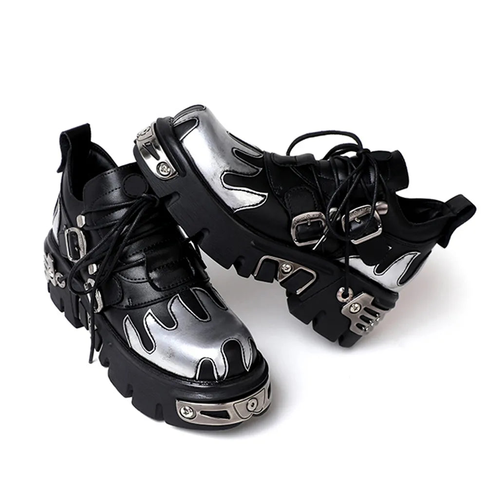 U-DOUBLE Brand Punk Style Women Shoes Lace-up heel height 6CM Platform Shoes Woman Gothic Ankle Boots Metal Decor Woman Sneakers HT302BLACK