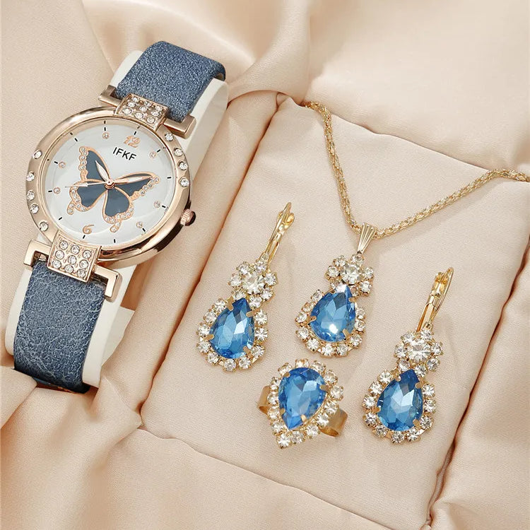 New Korean Fashion Simple Belt Quartz Watch Women's Edition+Jewelry Three Piece Set