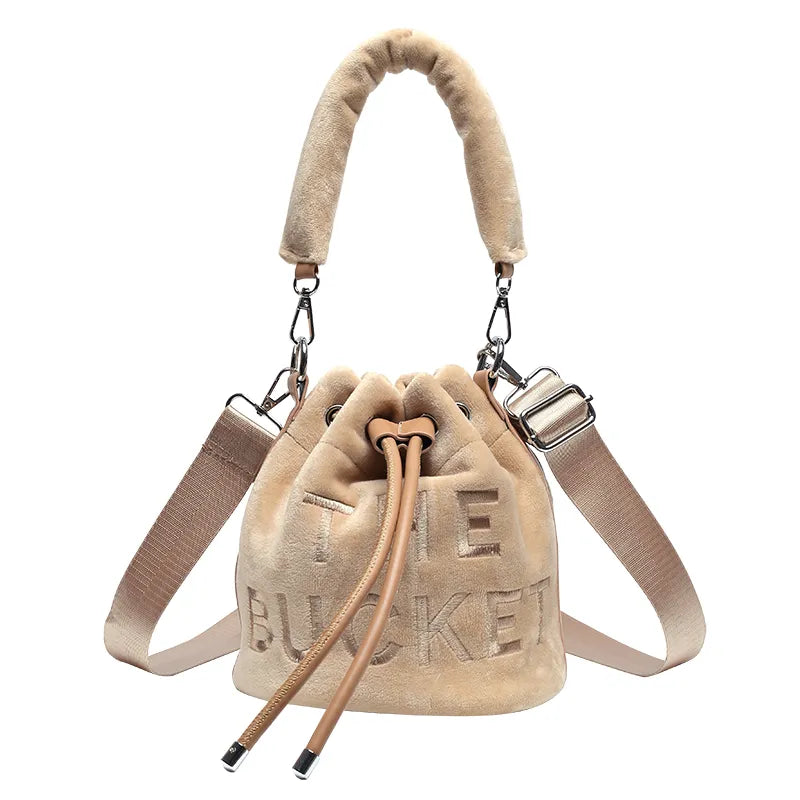 Winter Velvet Bucket Bags for Women Fashion Purses and Handbags Designer Crossbody Bag Luxury Shoulder Bag New Satchel Lady Bag Khaki Shoulder Bag 20X20X20cm
