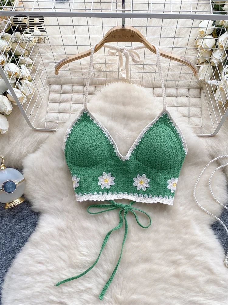 SINGREINY Floral Hook Knit Camisole Women Elegant Backless Fashion Vacation Ladies Backless Summer Bikini Sexy Beach Bra green One Size