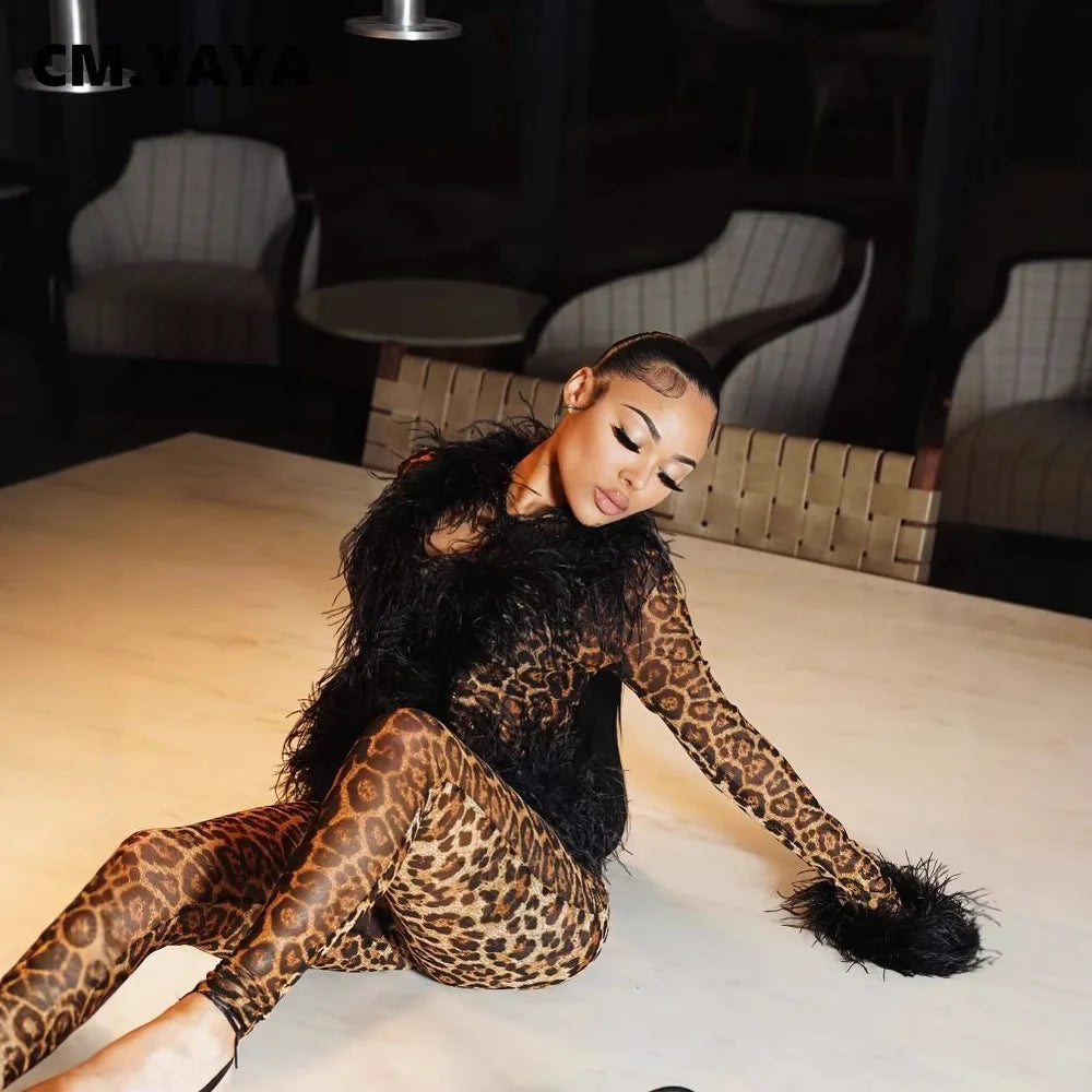 CM.YAYA Fashion Mesh See Though Women's Set Feather Side Long Sleeve Crop Top and Legging Pants 2025 Sexy Two 2Piece Sets Outfit