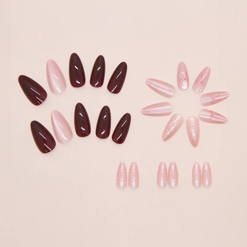 24pcs Cat's Eye Red Bow Press on Nails Almond French Fake Nails Full Cover Wearable False Nails