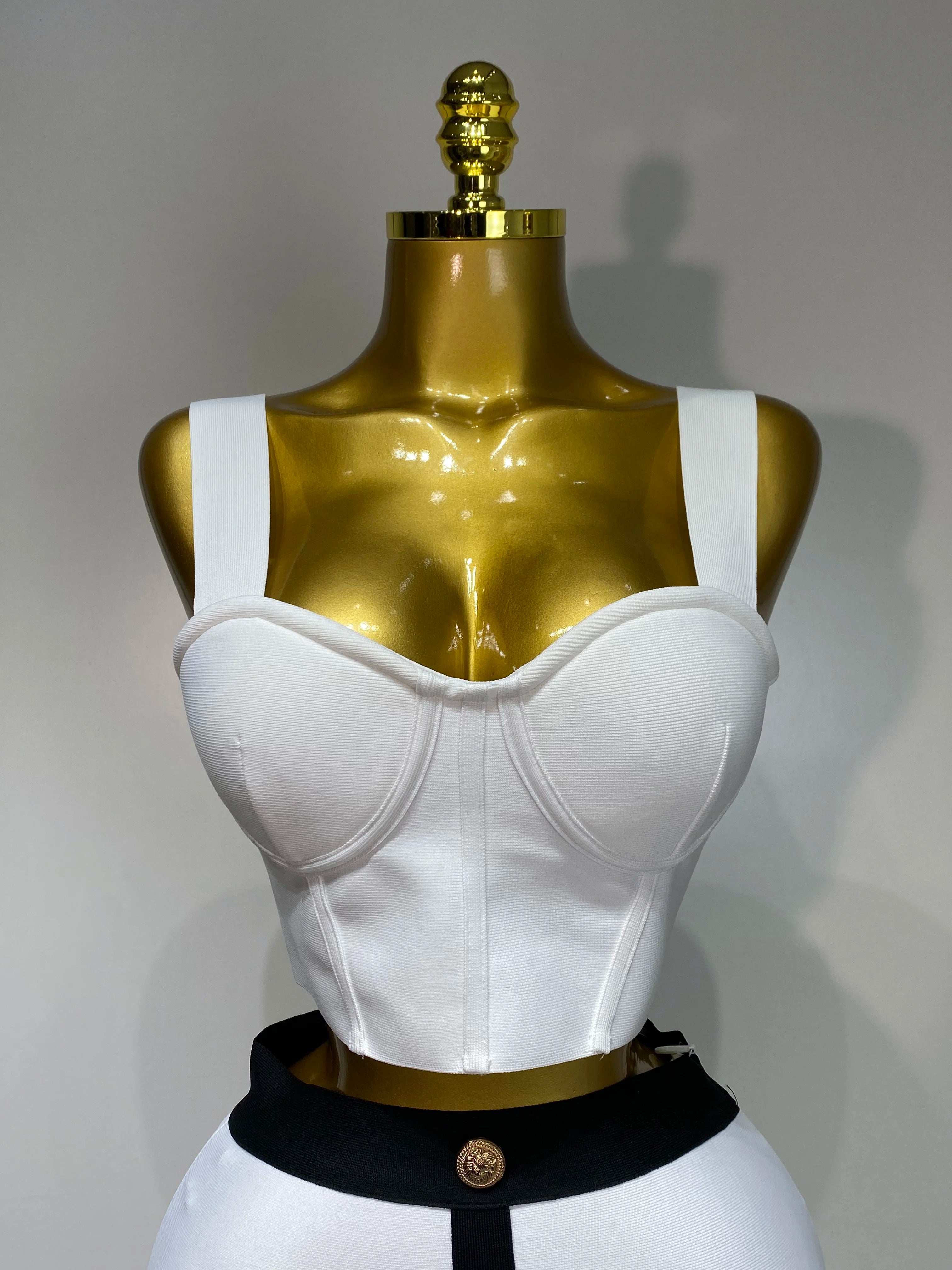 Women Button Patchwork White Black Bodycon Bandage Two Piece Set 2025 New Arrival Designer High Waist Party Club Skirt Set