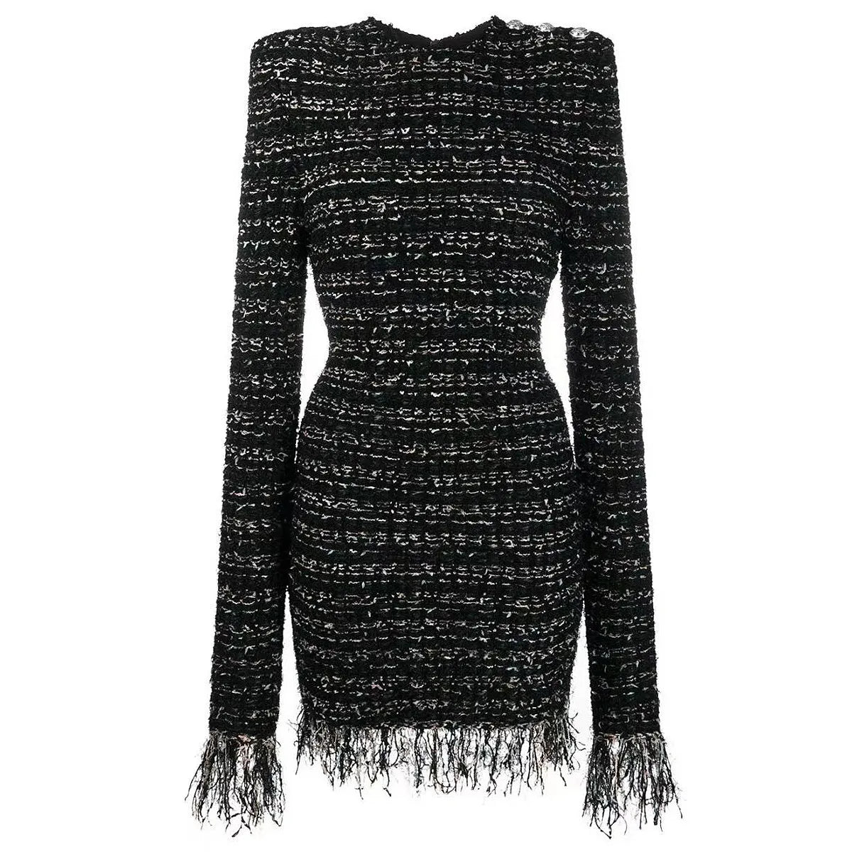 S-XL Fashion Stripe Elastic tweed Fabric Round Neck Long Sleeve Fringe Lace Slim Casual Women's Dress black