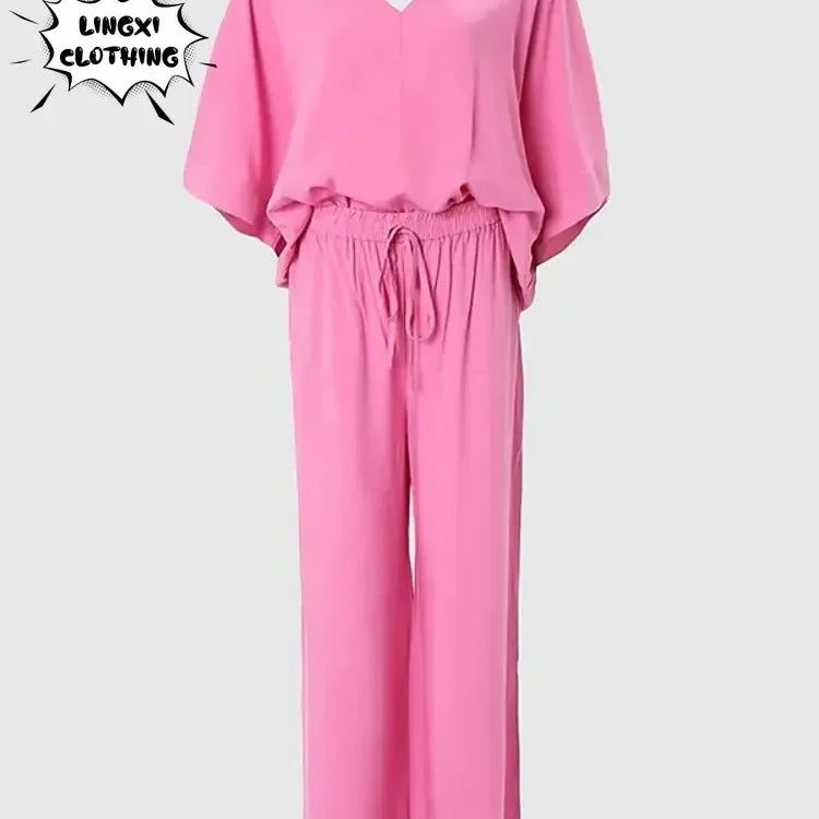 2024 Summer Fashion New Women's Elegant Loose High Waist Plus Size Set Off Back Elastic Waist Retro Women's Two Piece Set