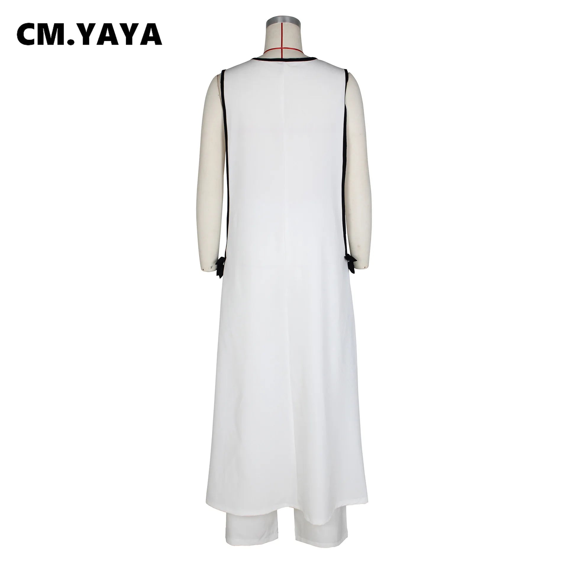 CM.YAYA Women Set 3D Flower Sleeveless V-neck X-long Shirt Coats + Wide Leg Pants Two 2 Piece Sets Fashion Outfits 2024 Summer