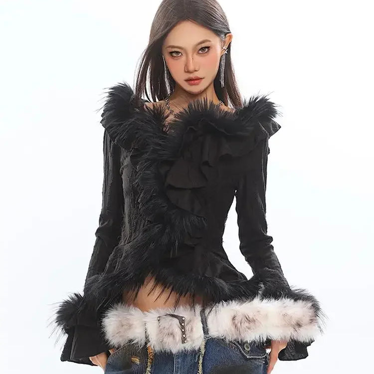 Solid Fashion Spliced Fur Sweater for Women V Neck Long Sleeve Patchwork Ruffles Fold Pullovers Female Clothing New