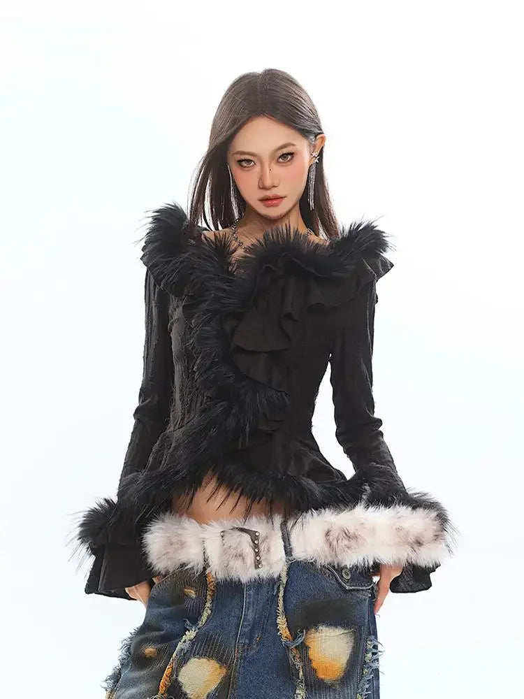 Solid Fashion Spliced Fur Sweater for Women V Neck Long Sleeve Patchwork Ruffles Fold Pullovers Female Clothing New