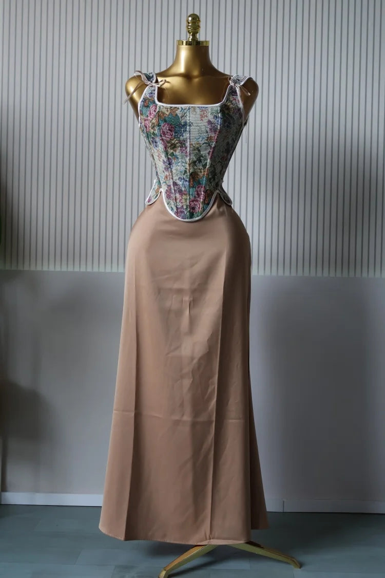 CM.YAYA Women's Dress Set Print Bow Corset Top and Maxi Long Skirt Suit 2025 Summer Elegant Evening Two 2 Piece Set Outfits