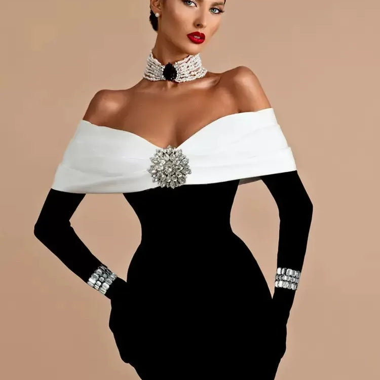 Sexy Off The Shoulder Luxury Diamonds White Patchwork Black Long Bandage Dress Elegant Woman Party Dress Wedding Party  Vestido