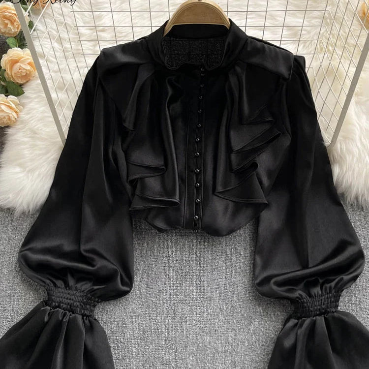 Satin Loose Shirt Long Flared Sleeves Ruffles O Neck Beading Women Gentle Office Lady Casual Blouse