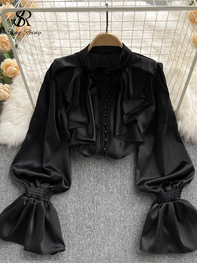 Satin Loose Shirt Long Flared Sleeves Ruffles O Neck Beading Women Gentle Office Lady Casual Blouse