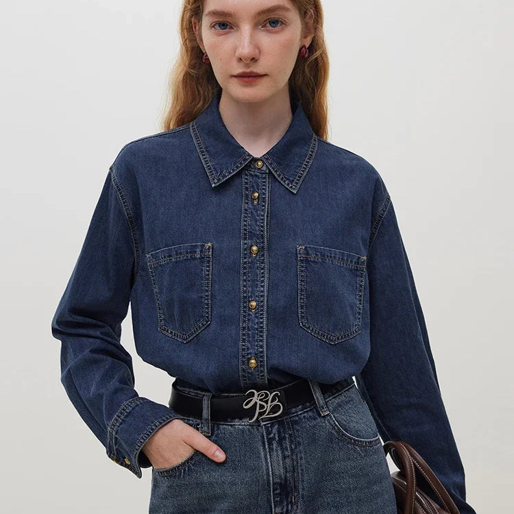 Deep Blue Soft Denim Shirt Women's Autumn Winter Long Sleeved Retro Casual Layered Shirt Blue Women Tops For Work