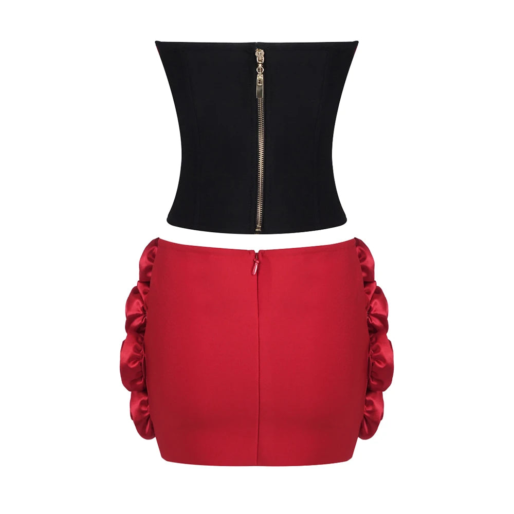 Stereoscopic Red Flower Woman Set Strapless Top And Mini Dress 2 pieces  Fashion Woman Evening Party Dress Birthday Party Outfit