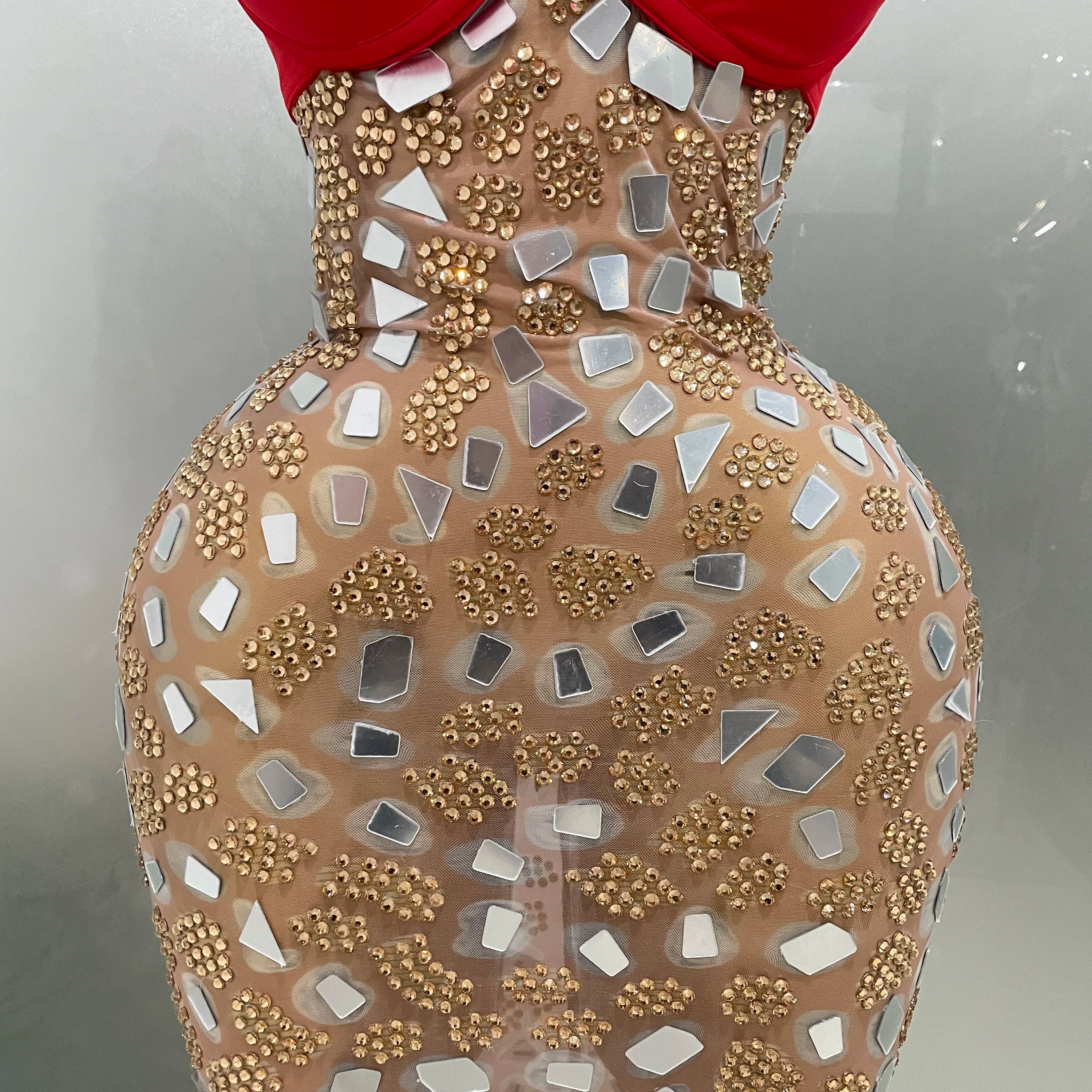 Sexy Sparkly Rhinestones Mesh Mirrors Red Roses Long Dress  2025 New Women Elegant Evening Party Club Stage performance Costume