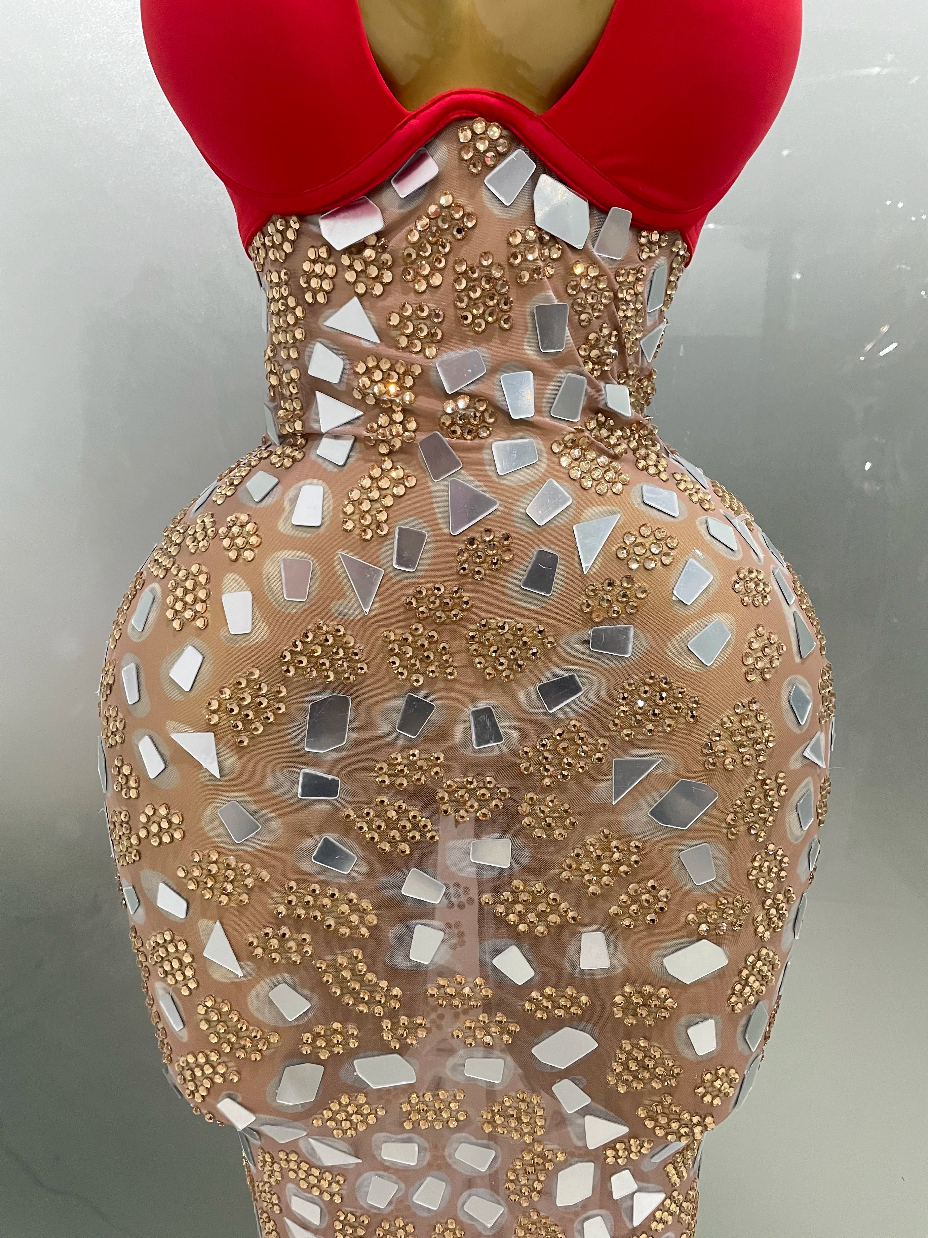 Sexy Sparkly Rhinestones Mesh Mirrors Red Roses Long Dress  2025 New Women Elegant Evening Party Club Stage performance Costume