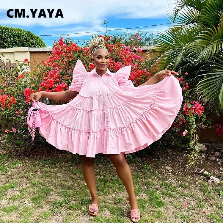 CM.YAYA Elegant Women Puff Short Sleeve Smock Dress  2022 Summer Chic Big Swing Loose Turn-down Neck Sundress Vestidos