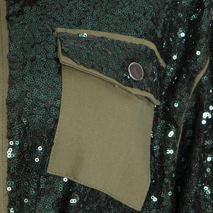 Patchwork Sequins Casual Loose Coats For Women Lapel Long Sleeve Spliced Pockets Colorblock Streetwear Coat Female Fashion