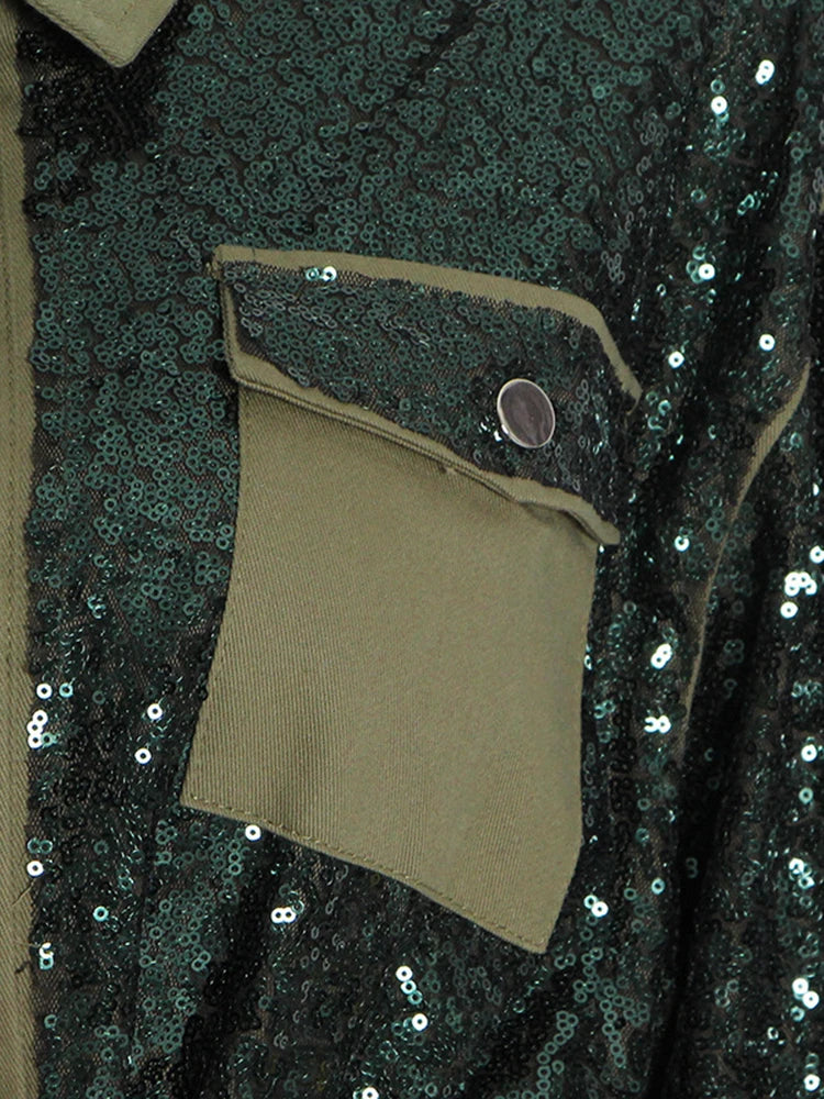 Patchwork Sequins Casual Loose Coats For Women Lapel Long Sleeve Spliced Pockets Colorblock Streetwear Coat Female Fashion