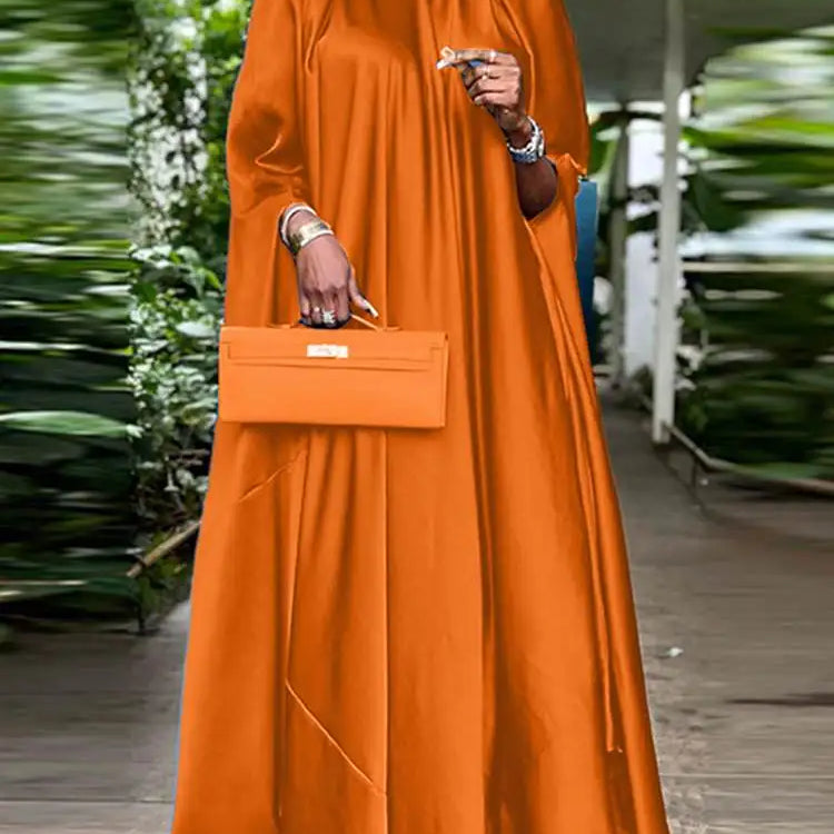 5XL Plus Size Women Dress Stand Collar Elegant Satin Dress Long Bat Sleeve Evening Pleated Maxi Sundress Casual Robe