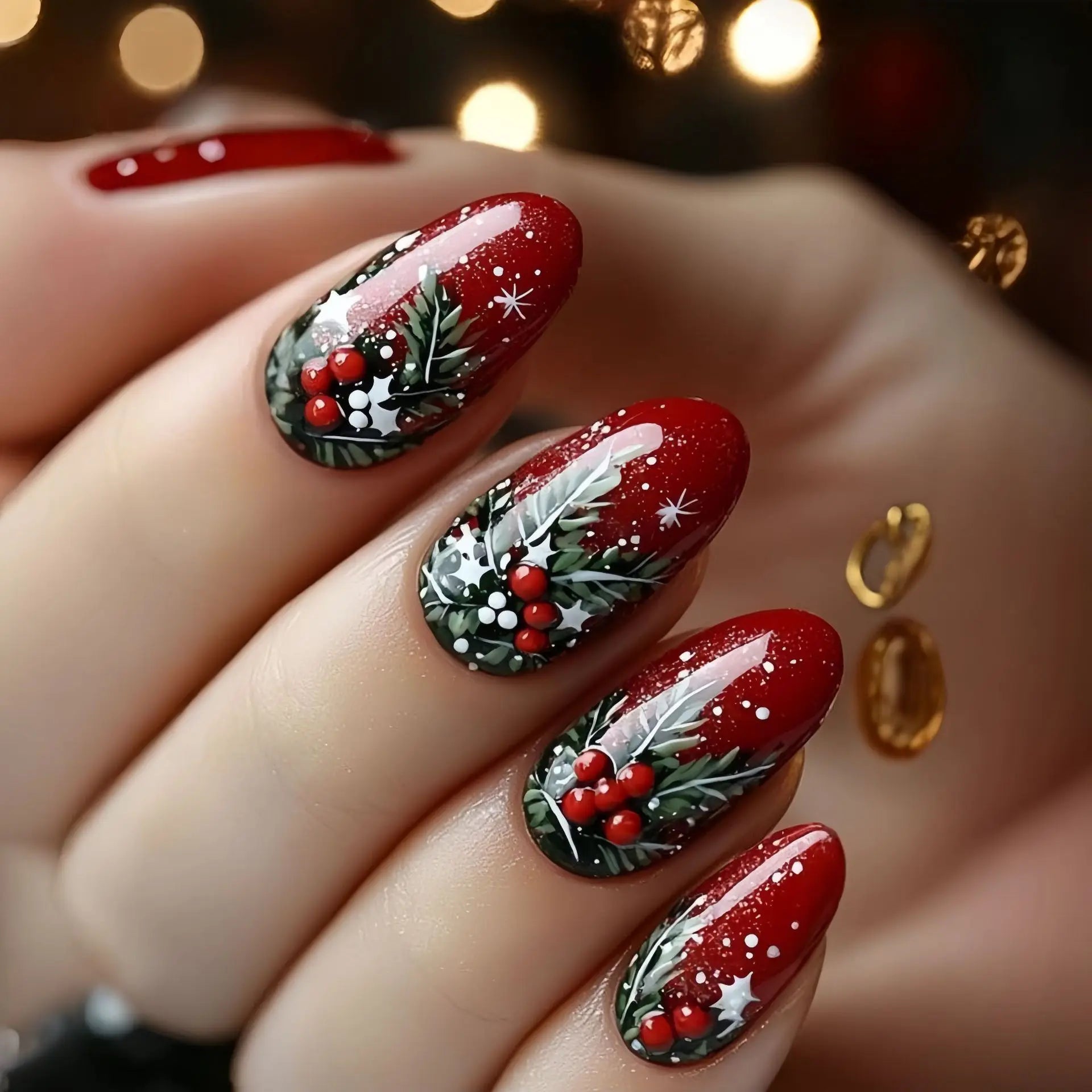 24pcs Red Glitter Press on Nails Christmas Round Head Almond False Nails Tips Fashion Leaves Pattern Short Oval Fake Nail Sets