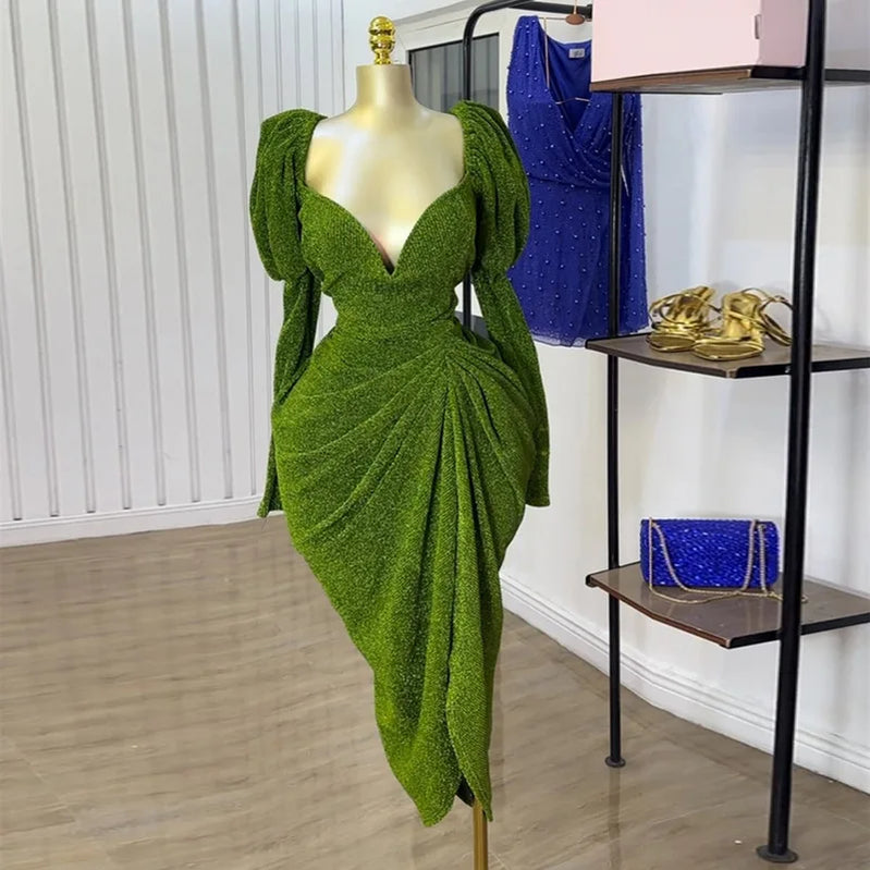 CM.YAYA Women Long Sleeve Strapless Ruched Mini Midi Dress 2025 Summer Evening Vacation Birthday Party Vestidos Sexy Dresses Green