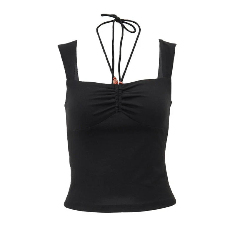 Vintage Black Square-neck Halter Tank Top Sexy Slim Pleated Backless Summer Crop Tops 2023 Women Sleeveless Bodycon Vest black