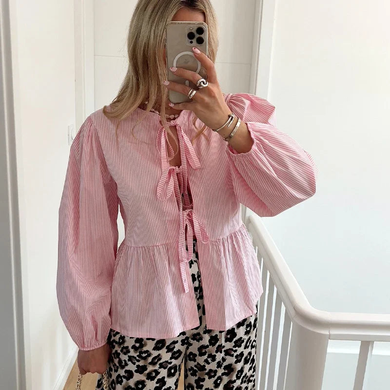 Elegant Striped Lace Up Women Shirts Chic Bow Puff Sleeve O-neck Hollow Out Female Blouses Spring Summer Casual Streetwear Pink