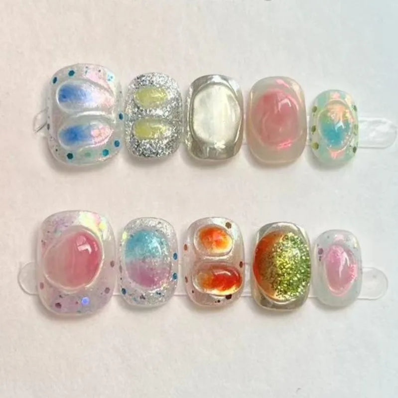 10Pcs Candy-colored False Nails Short Ballet Lovely Summer French Nail Sweet Cool Wearing Reusable Artificial Shiny Fashion Nail
