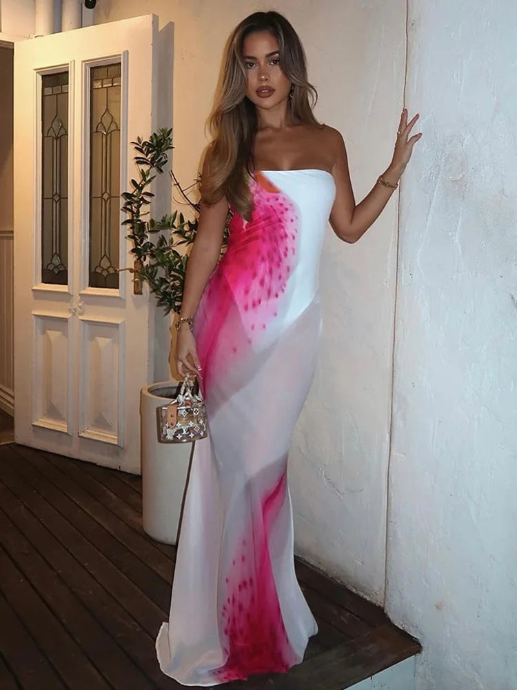 Floral Print Strapless Sexy Maxi Dress For Women Gown Patchwork Off-shoulder Backless Sleeveless Print Long Dress