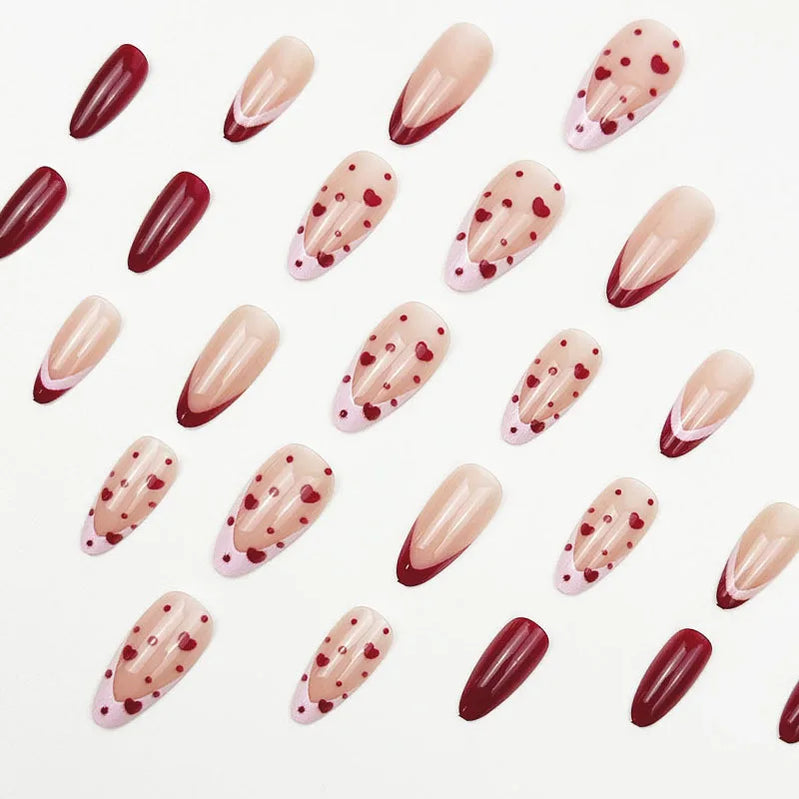 White French Fake Nails Nude Color Short Square Press On Nail Red Love Heart/Star/Dot Printed Women Valentine's Day DIY Manicure