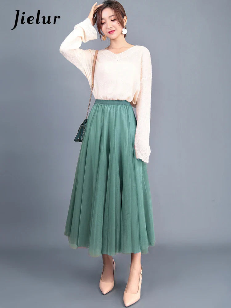 Jielur Skirts Womens Autumn 3 Layers Princess Tulle Mesh Pleated Skirt Saia Female Jupe Summer Tutu Skirts Faldas Mujer Moda light green One Size