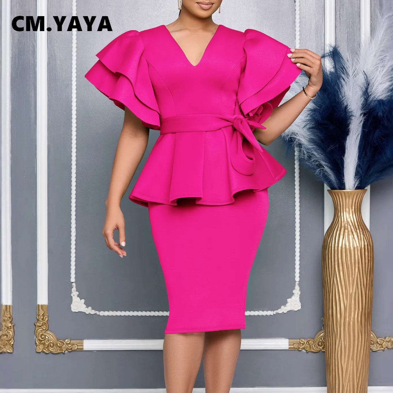 CM.YAYA Women Short Sleeve V-neck Belt High Waist Midi Dress 2025 Summer Africa OL Work Evening Sexy Party Dresses Vestidos