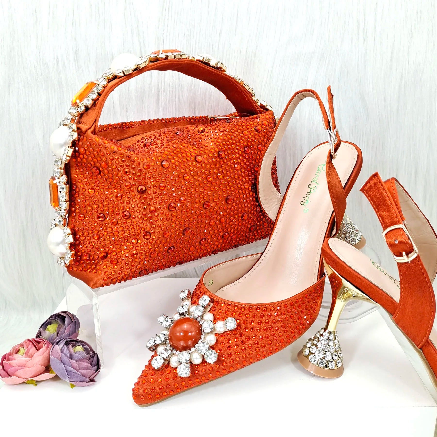 Gold Color Elegant Lady Shoes And Bag Set with Rhinestone Embellished Pearls-knot Wear-resistant And Comfortable Heel Orange