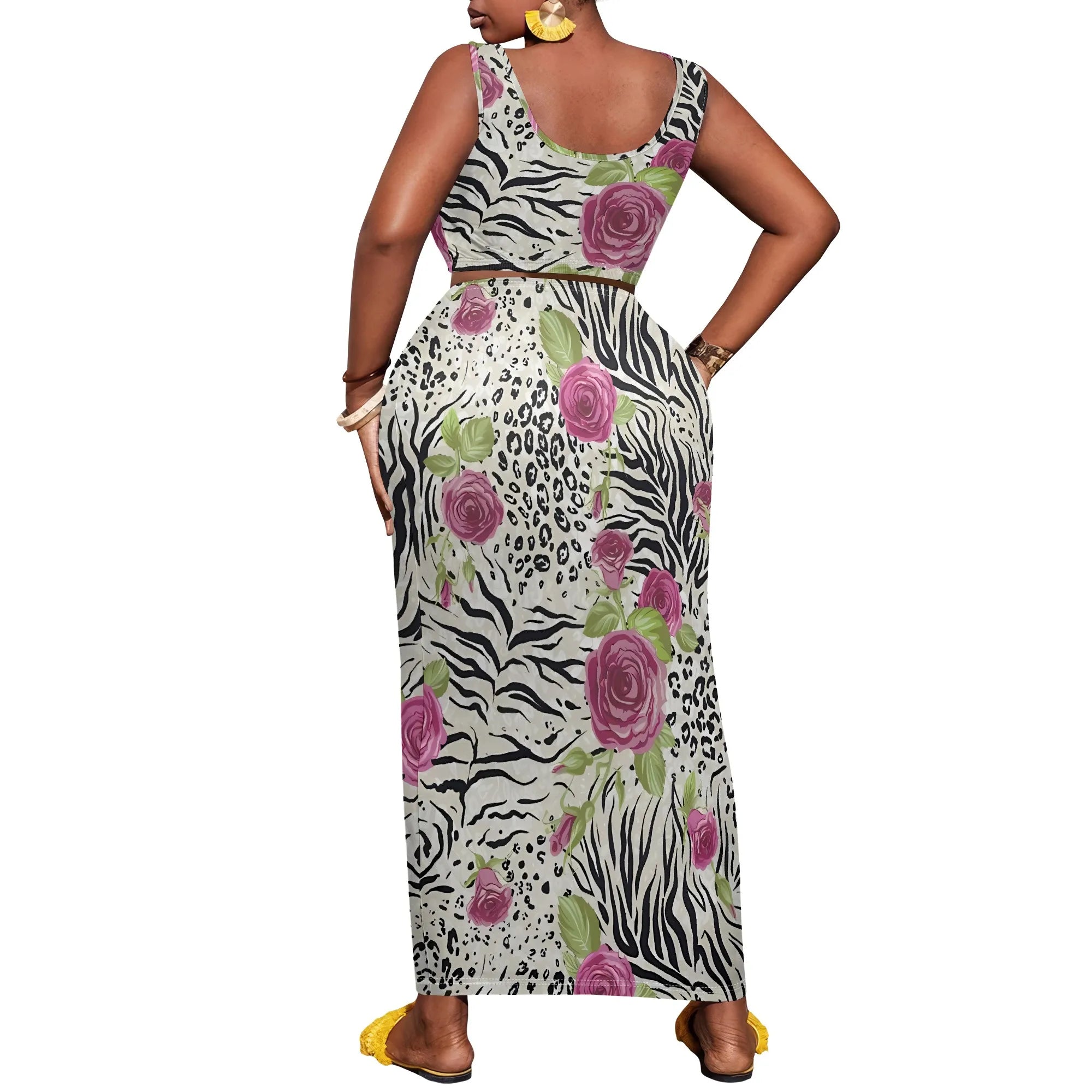 Nupusa Rose & Zebra Print Two - Piece Set for Women Plus Size Summer Casual Sleeveless Crop Top & Maxi Skirt Outfit