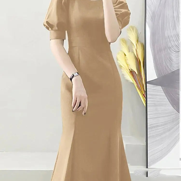 Elegant Party Midi Sundress Sexy Square Collar Holiday Short Puff Sleeve Mermaid Dresses Women Fashion Waisted Long Robe