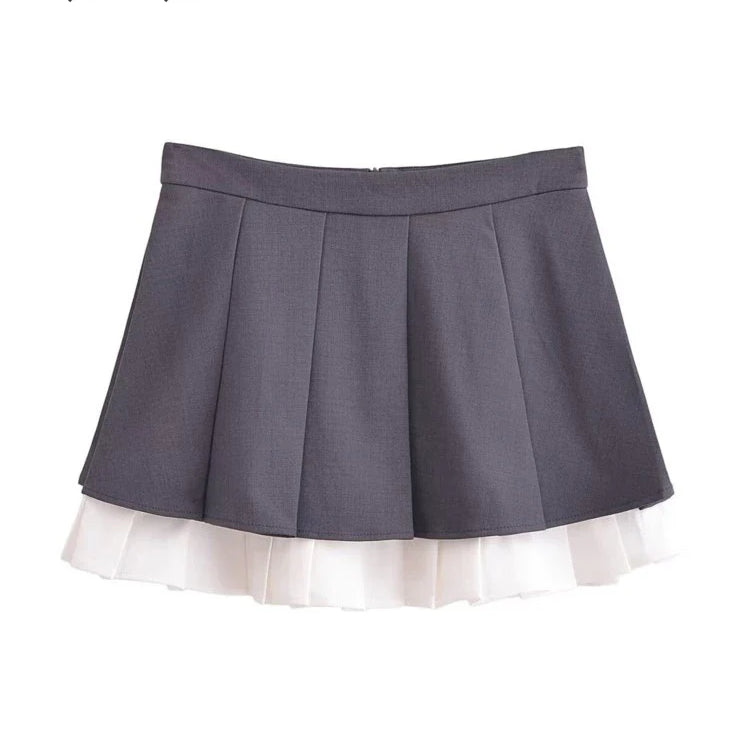 BlingBlingee Summer Women Sleeveless Shirt Mini Skirt Suits Traf Pleated Patchwork Slim Female Crop Top Tanks Sets Y2K Grey