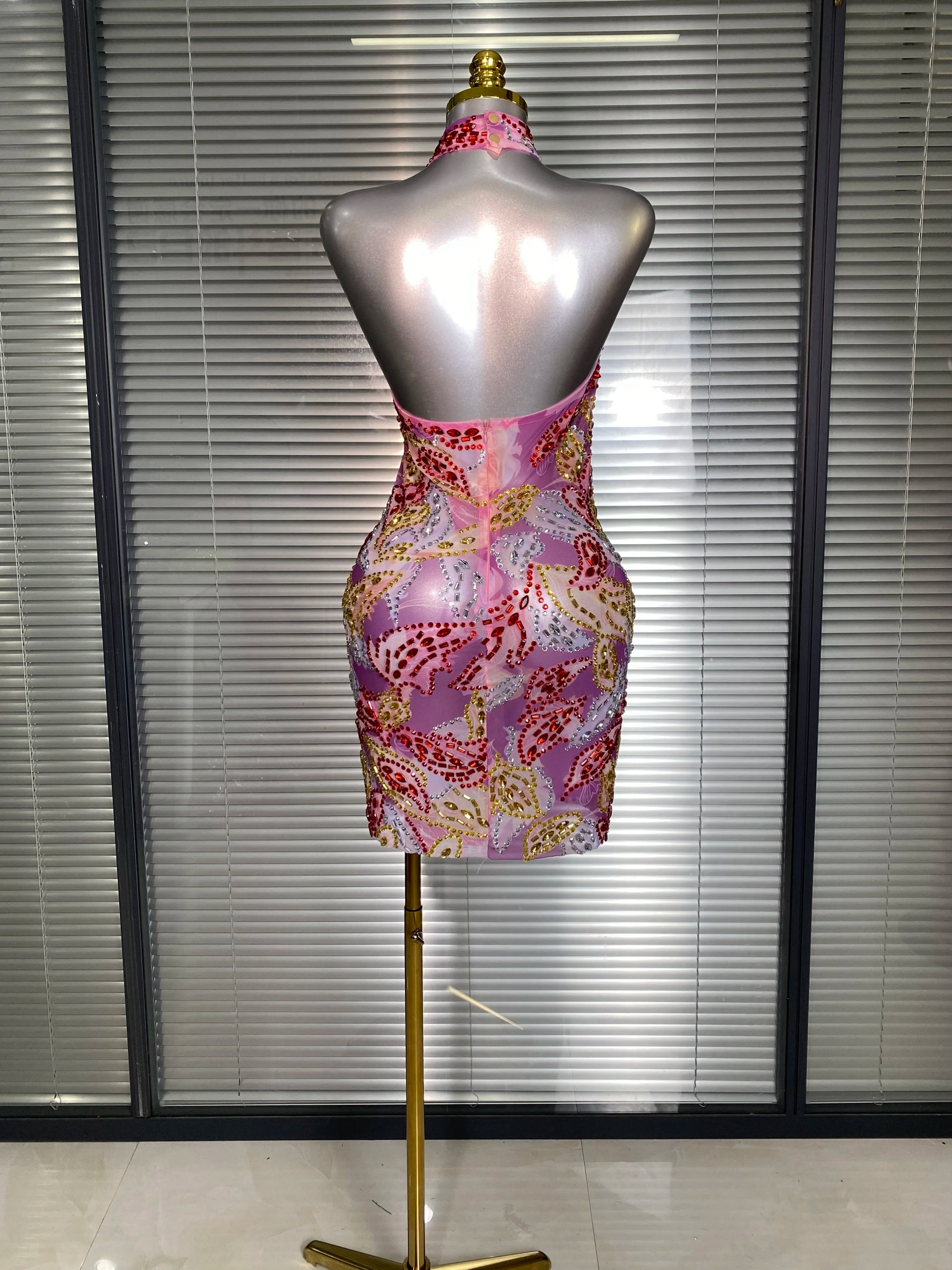 Celebrity New Women Sexy Printed Mesh Sheer Crystal Rhinestones Halter Stage Costume Stage Dancer Night Club Mini Party Dress