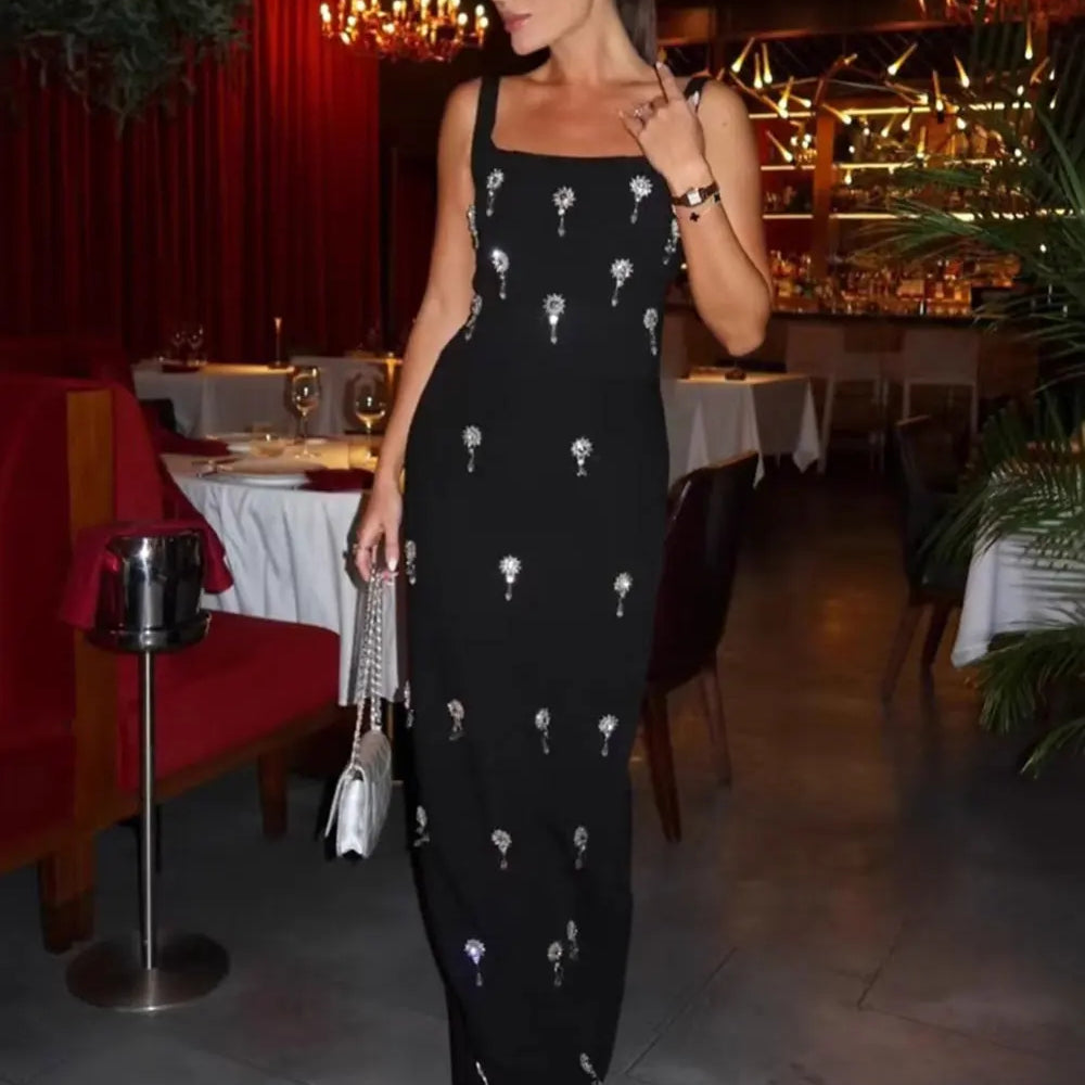 2025 Elegant Women Light Luxury Nail Bead Bandage Dress Camisole Square Neck Sleeveless Bodycon Long Dress Evening Party Vestido