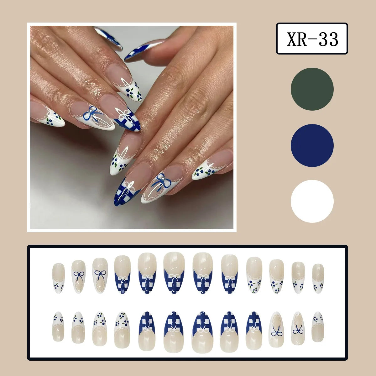 24pcs 3D Carved Petal Decor False Nails Gradient Blue Almond Fake Nails Tips Wearable Detachable Spice Girl Press on Nails