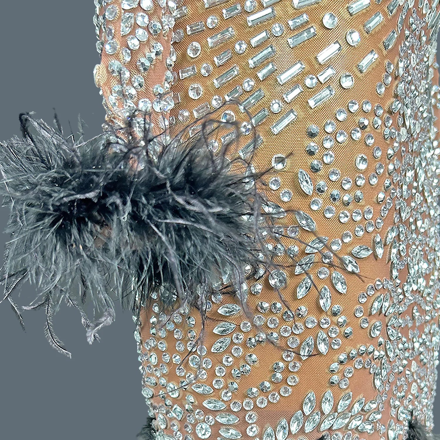 Women's High-end Clothing Dinner Party Sparkly Rhinestone Evening Dress Mesh Feather Dress Bodycon Club Prom Maxi Dress Pangxie