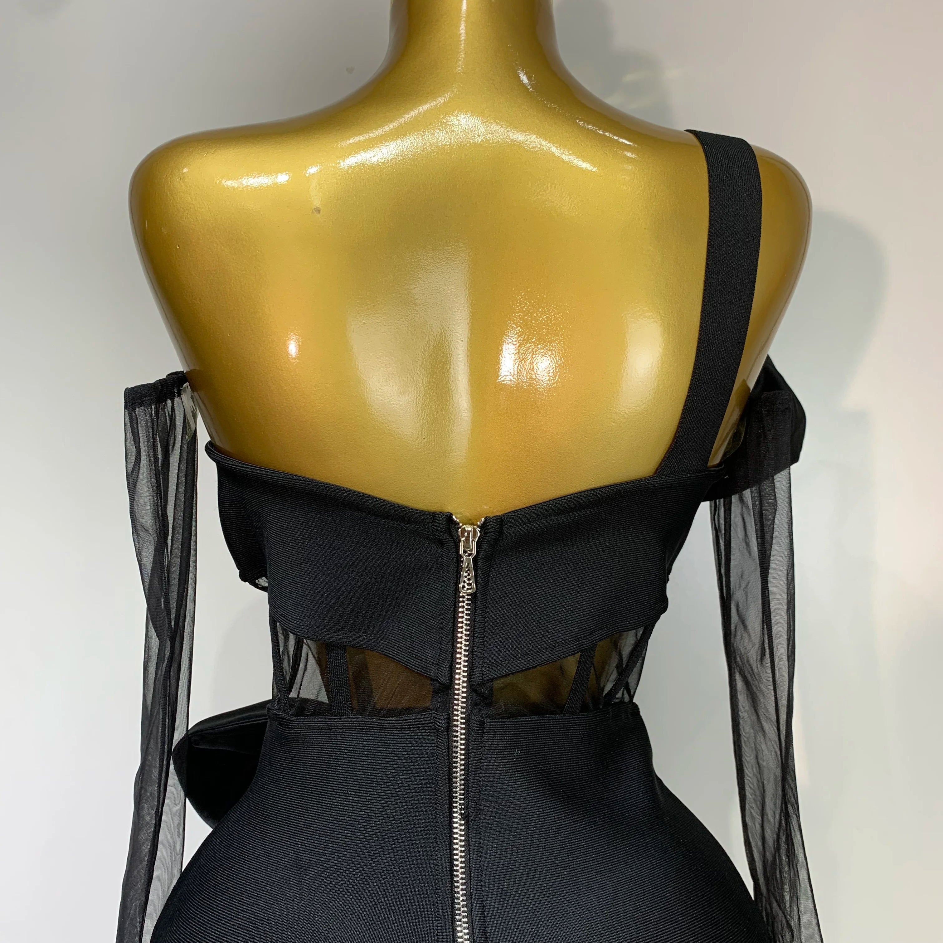 Women Sexy One Shoulder Bow Mesh See Through Bandage Bodycon Dress With Gloves Black Sleeveless Elegant Party Birthday Dresses