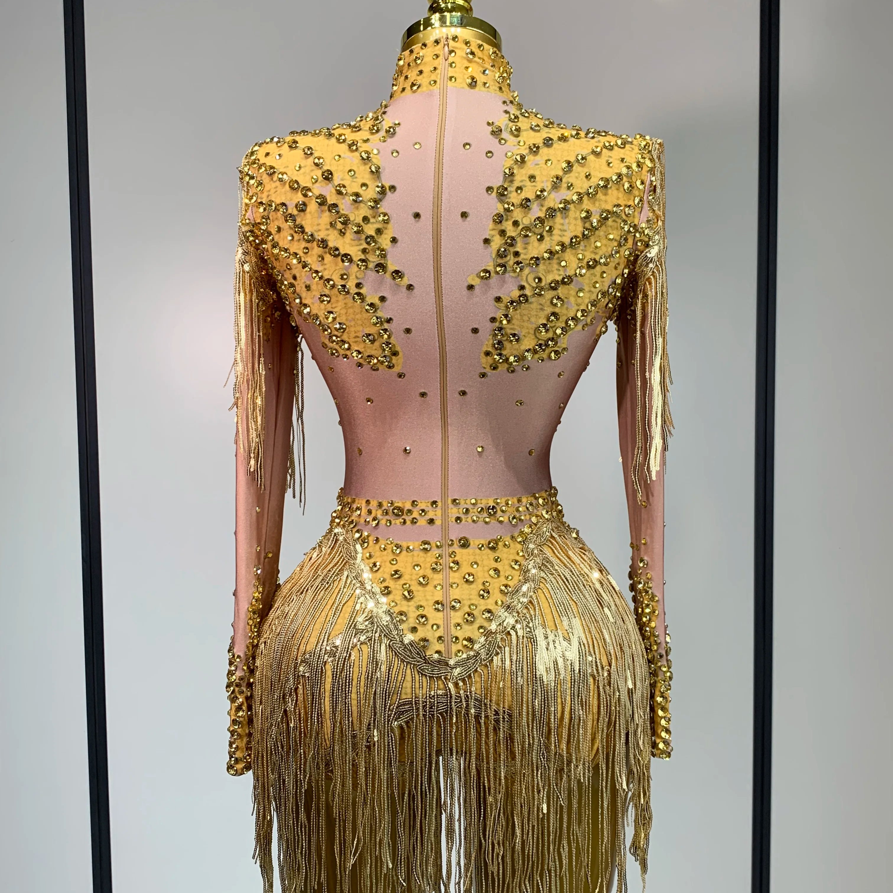 Women Long Sleeve Sexy Shinning Tassels Rhinestone Bodycon Bodysuit High Stretch Bar Dancer Nightclub Stage Wear Birthday Outfit