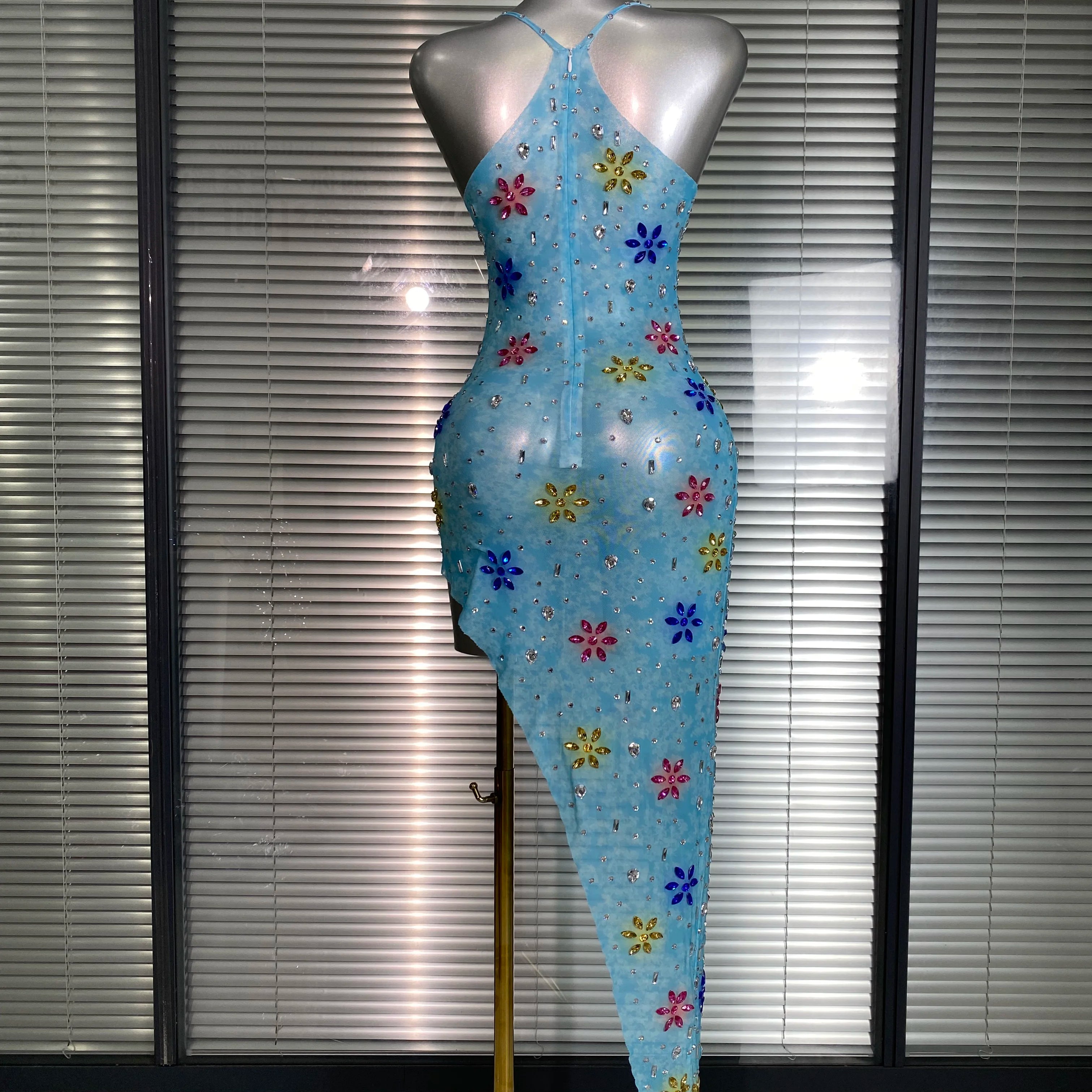 Women Sexy Mesh Crystal Diamonds Flower Blue Performance Costume Stage Dancer See Through Stretchy Night Club Party Dress