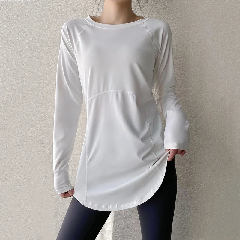 Xlwsbcr Long Sleeve Tees Sport Top Women Shirts Cover Hip Gym Shirt Fitness Fitted Tops Quick Dry Blouses Running Pilates Wear CX407 white